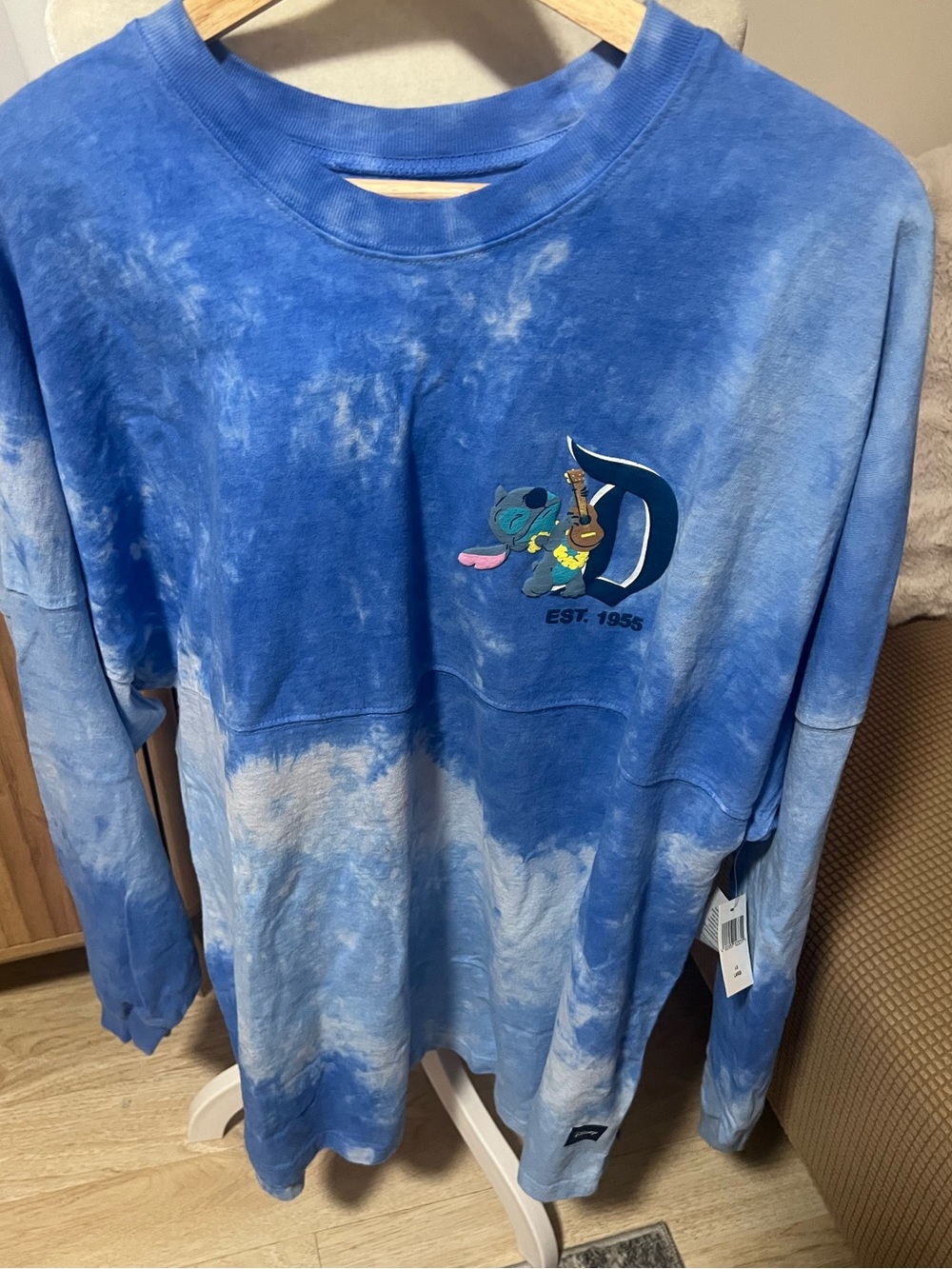 Disneyland Resort Blue Tie-Dye Sweatshirt with Stitch Guitar Graphic